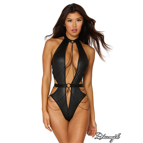 Dreamgirl Black Fetish Teddy with Chains - One Size Fits Most